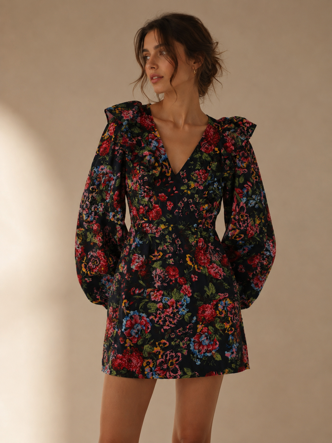 Missguided Floral Ruffle Sleeve Mini Dress Size 6 Dark Romantic Puff Sleeve Dress