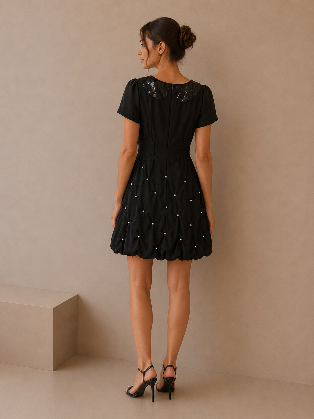 Sretsis Black Bubble Hem Dress Size US 2 Sequin Collar Pearl Detail Puff Sleeve Mini Dress