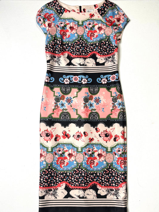 Beige by ECI Floral Print Sheath Dress Size 6 Multicolor Scarf Print Midi Career Party