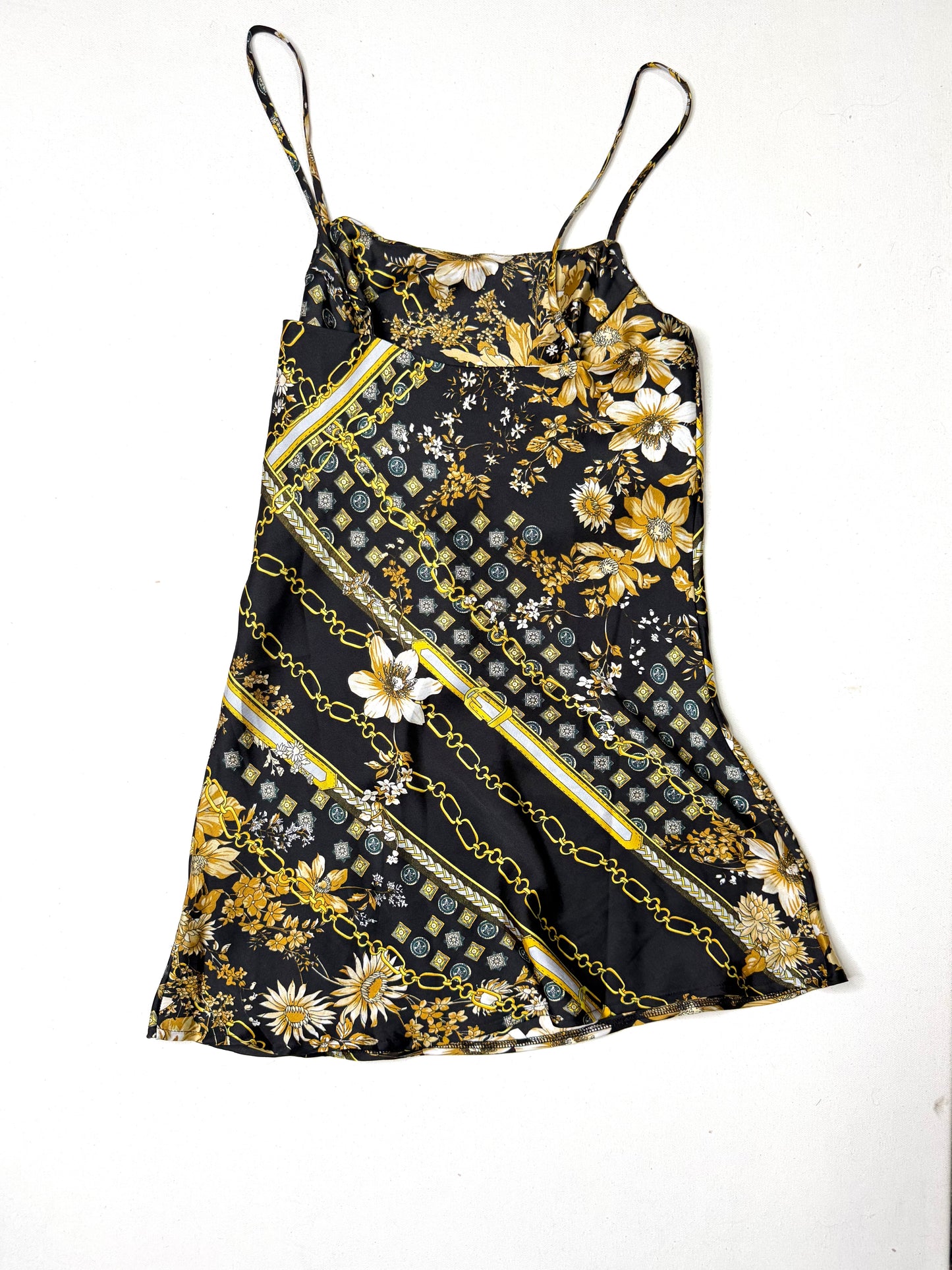 Princess Polly Black Gold Chain Floral Satin Mini Slip Dress  Y2K Baroque Party Size 2