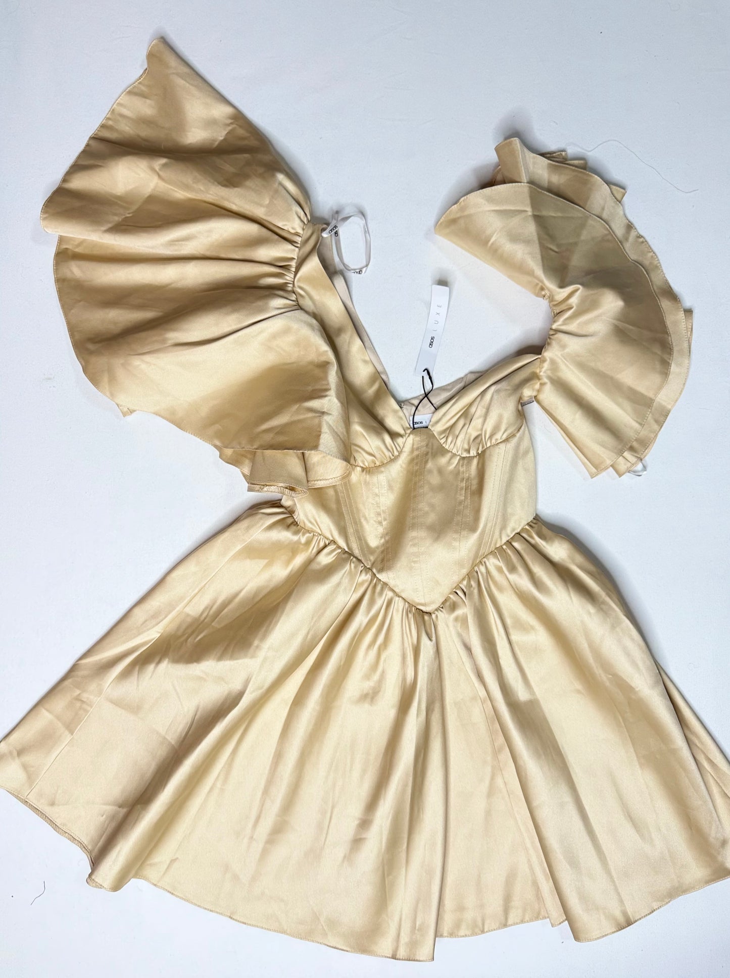 ASOS LUXE Gold Satin One Shoulder Mini Dress Size 4 NWT Corset Ruffle