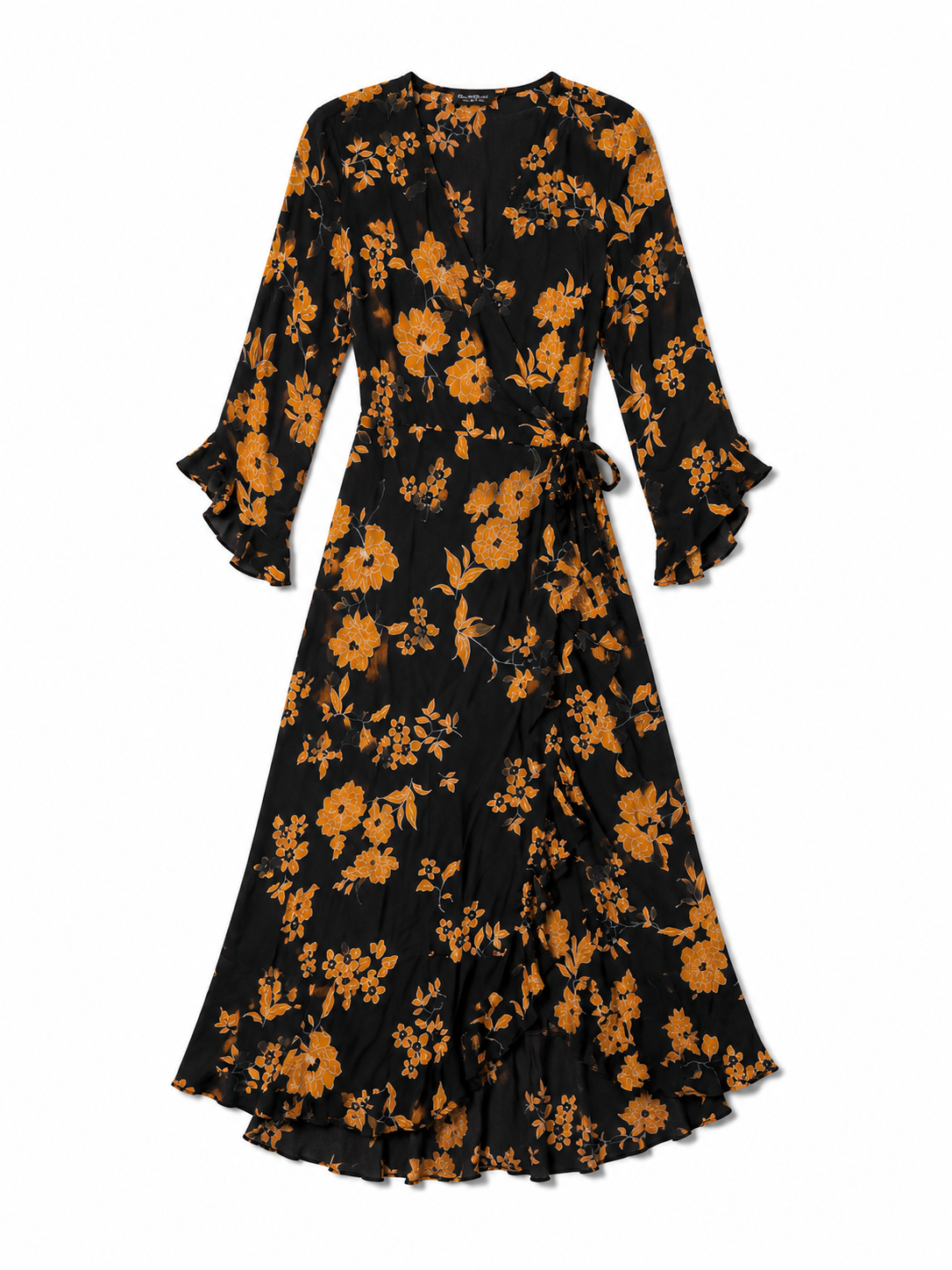 Miss Selfridge Floral Wrap Midi Dress Black Orange Ruffle Sleeve Boho Dress Size US
