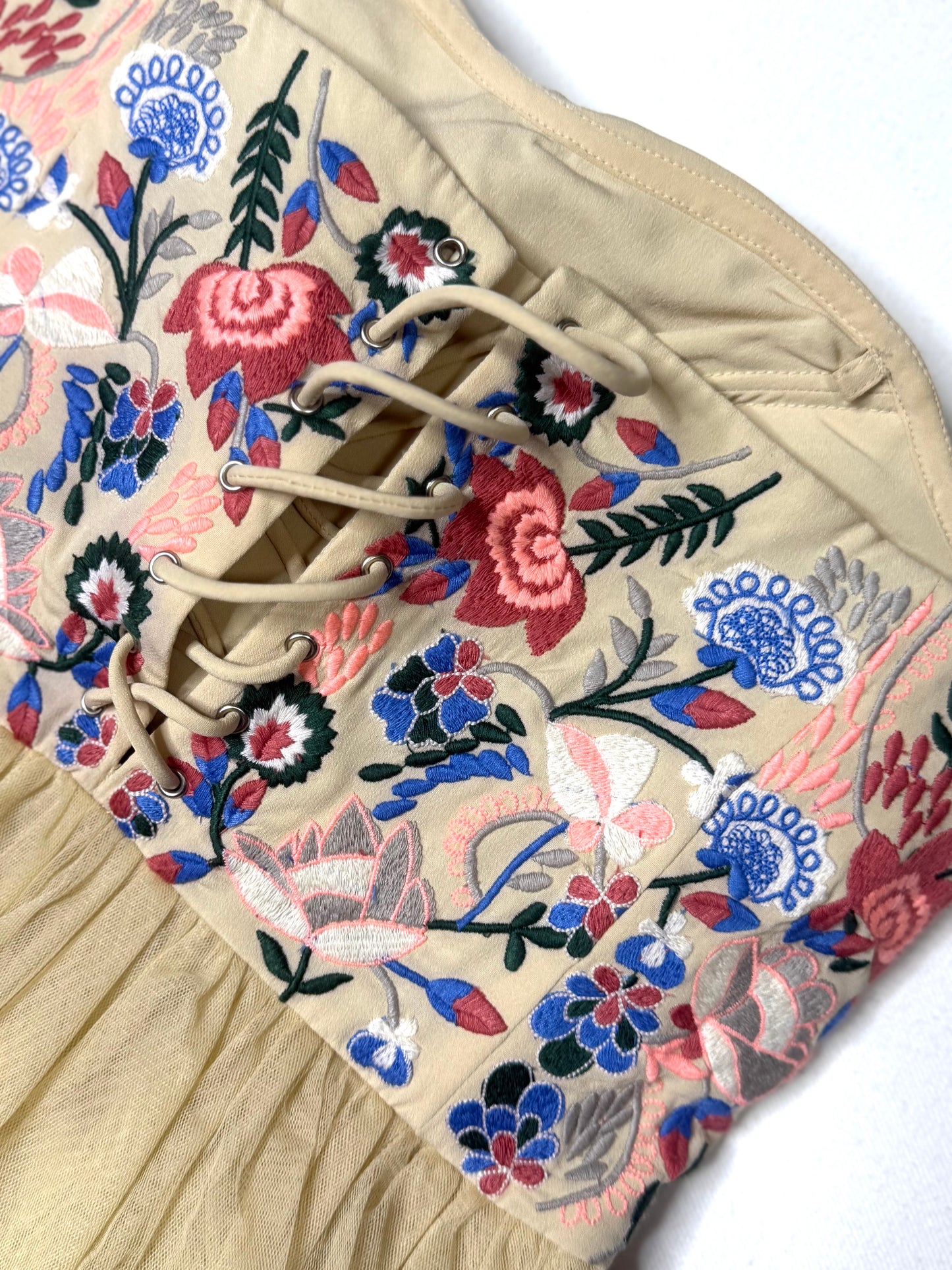 Anthropologie Geode Strapless Floral Corset Lace up Embroidered Tulle Dress Sz S