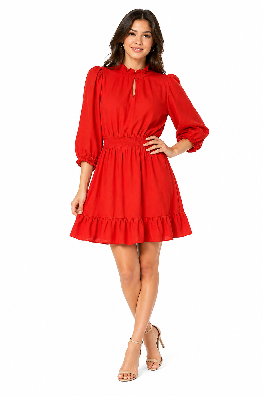 Nanette Lepore Red Ruffle Neck Fit & Flare Dress with Smocked Waist Size 8