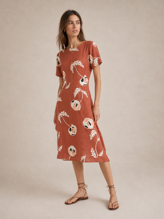 Ann Taylor Factory Rust Floral Linen Blend A-Line Dress Size 2P