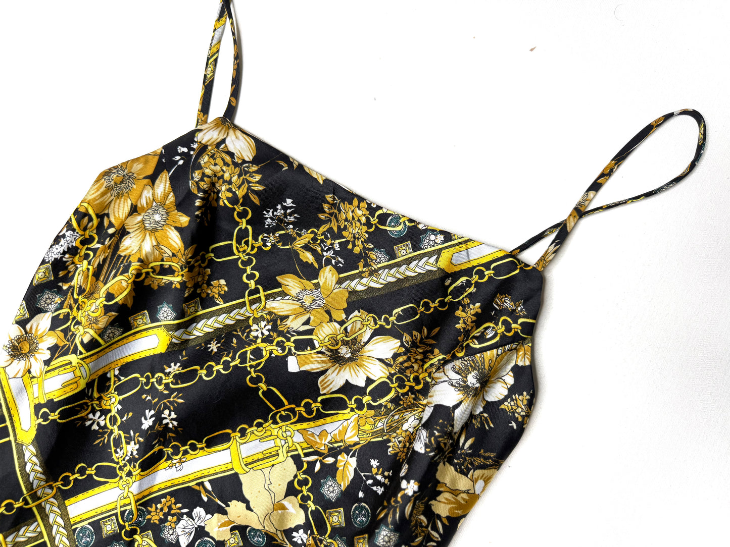 Princess Polly Black Gold Chain Floral Satin Mini Slip Dress  Y2K Baroque Party Size 2