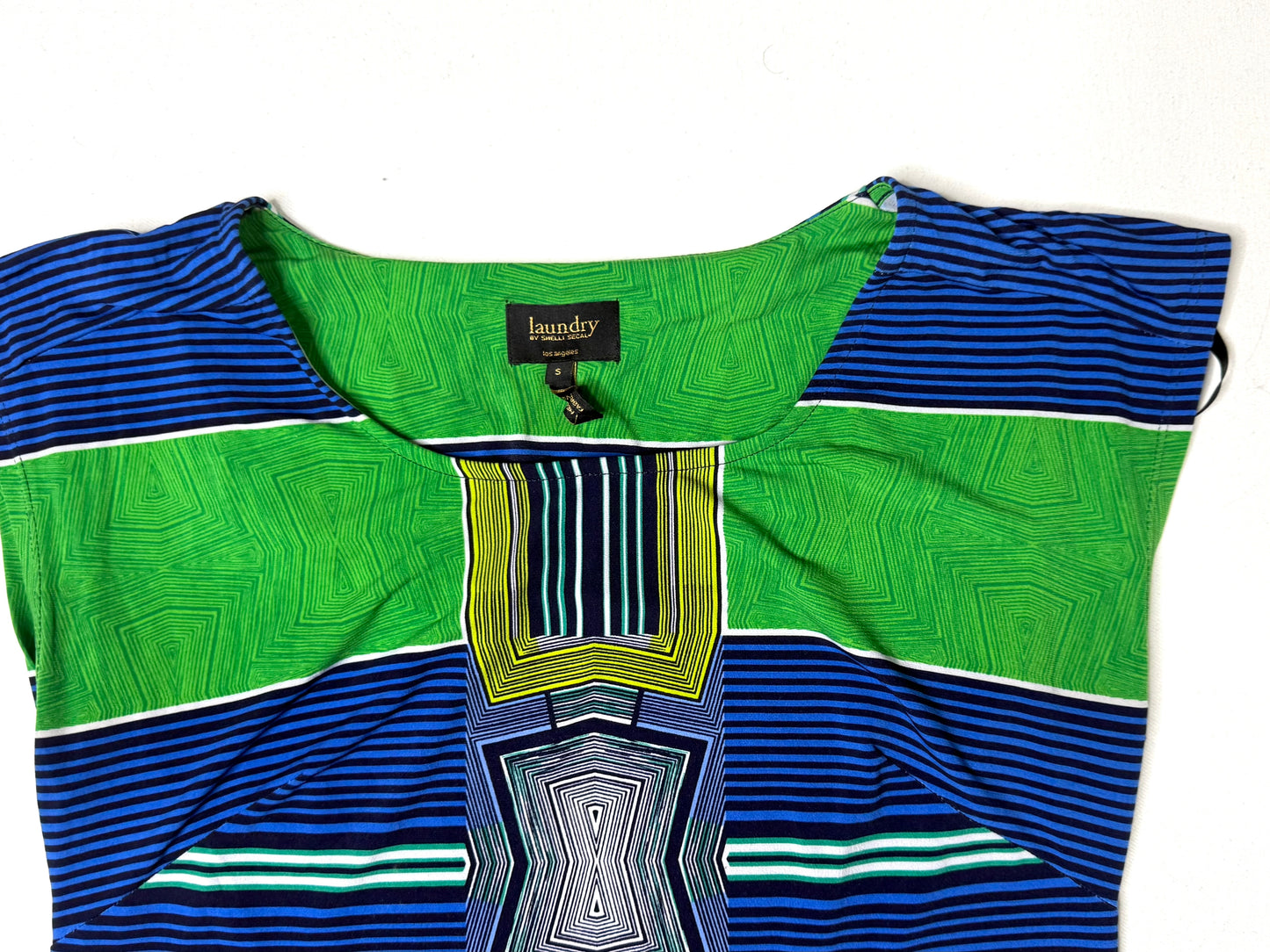 Laundry By Shelli Segal Green and Blue Geometric Cap Sleeve Shift Dress Size S
