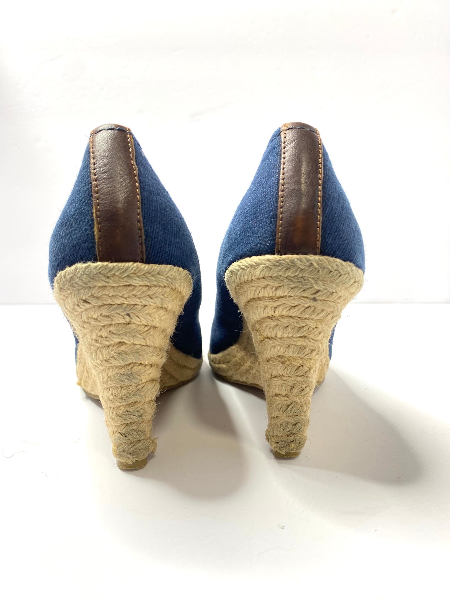 Michael Kors Denim Open Toe Wedge Pumps – Size 7.5 – Jute Heel – Brown Leather Trim – MK Logo
