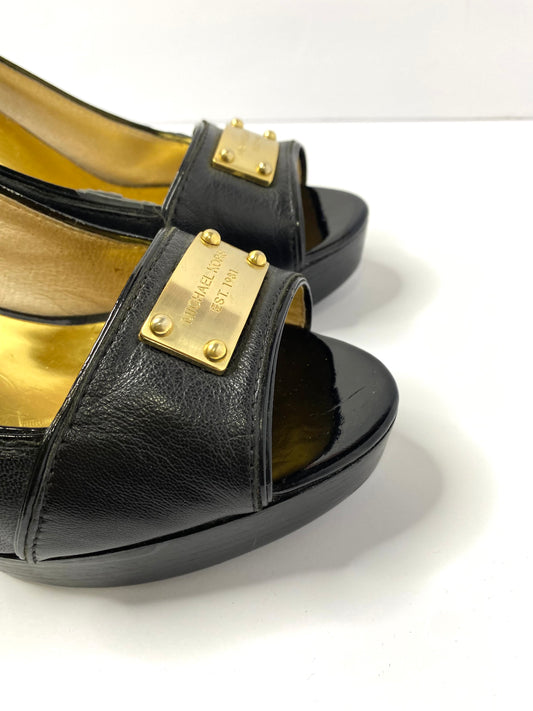Michael Kors Black Leather Open-Toe Pumps – Size 11 – Gold Logo Plate – 3.75” Heel – Classic Style