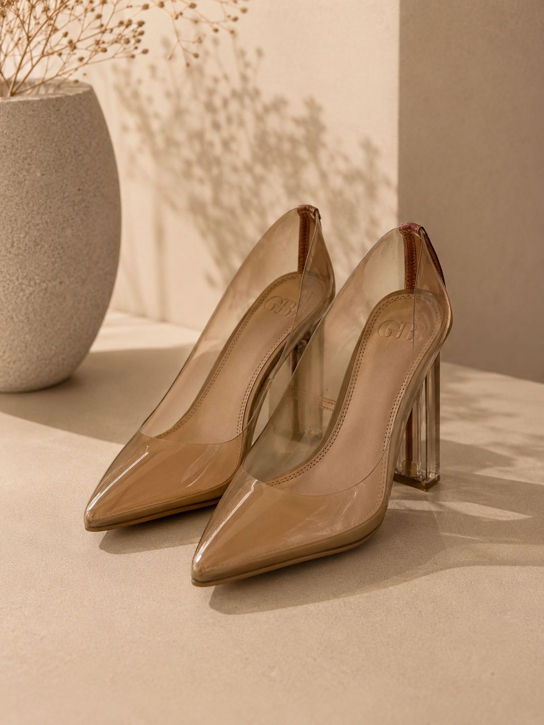 GB Women’s Clear Nude PVC Pumps | Lucite Block Heel Transparent Pointed Toe Heels Size 8