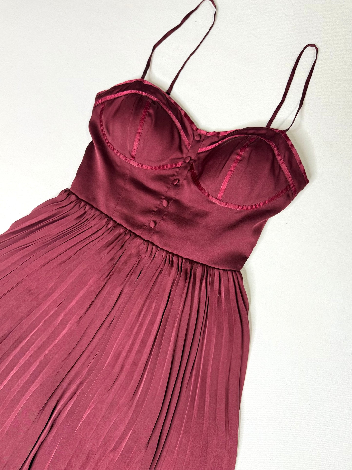 American Eagle Burgundy Satin Mini Dress Size 4 Bustier Bodice Pleated Skirt