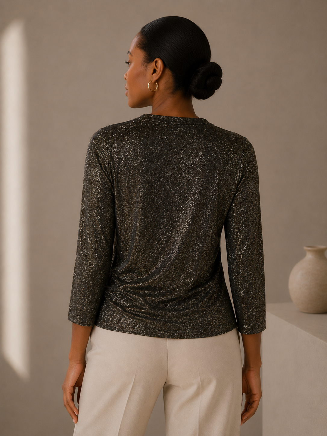 DKNY Y2K Metallic Gold Shimmer Cutout Top with Long Sleeves Size Small