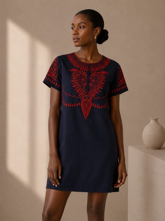 Neiman Marcus Navy Blue Shift Dress Women’s Medium Red Embroidered Neckline & Sleeves