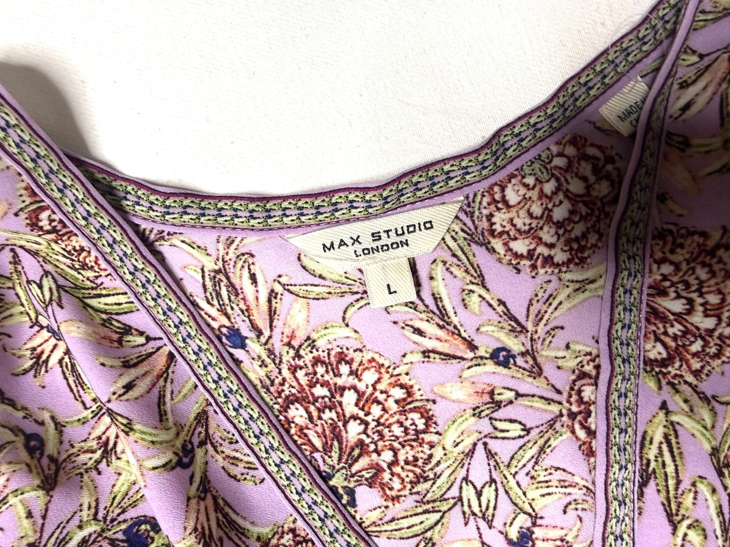 Max Studio London Floral Wrap Dress L Lavender Boho Long Sleeve Ruffle Hem