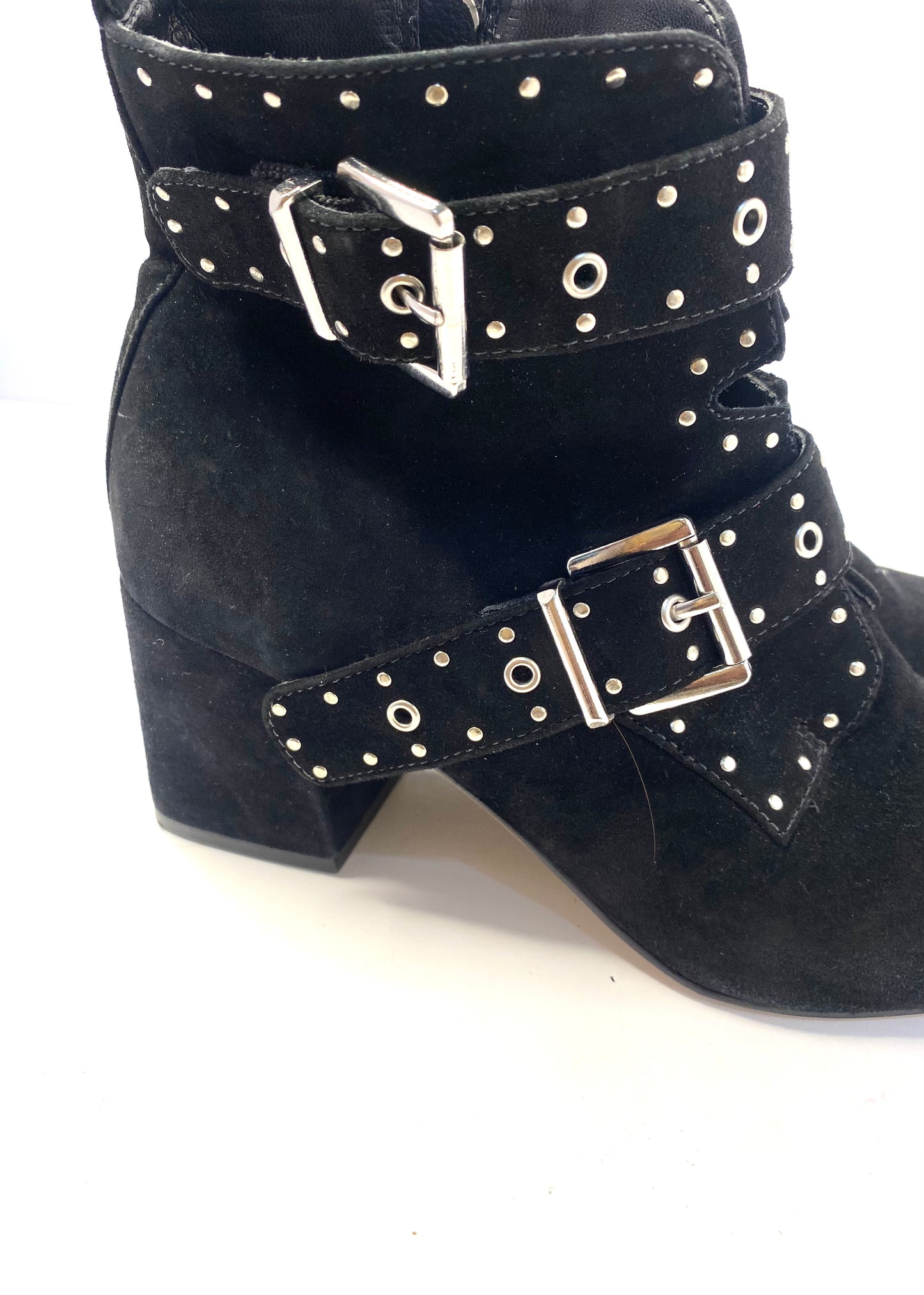 R ebecca Minkoff Black Suede Ankle Boots – Size 8.5 – Silver Buckles