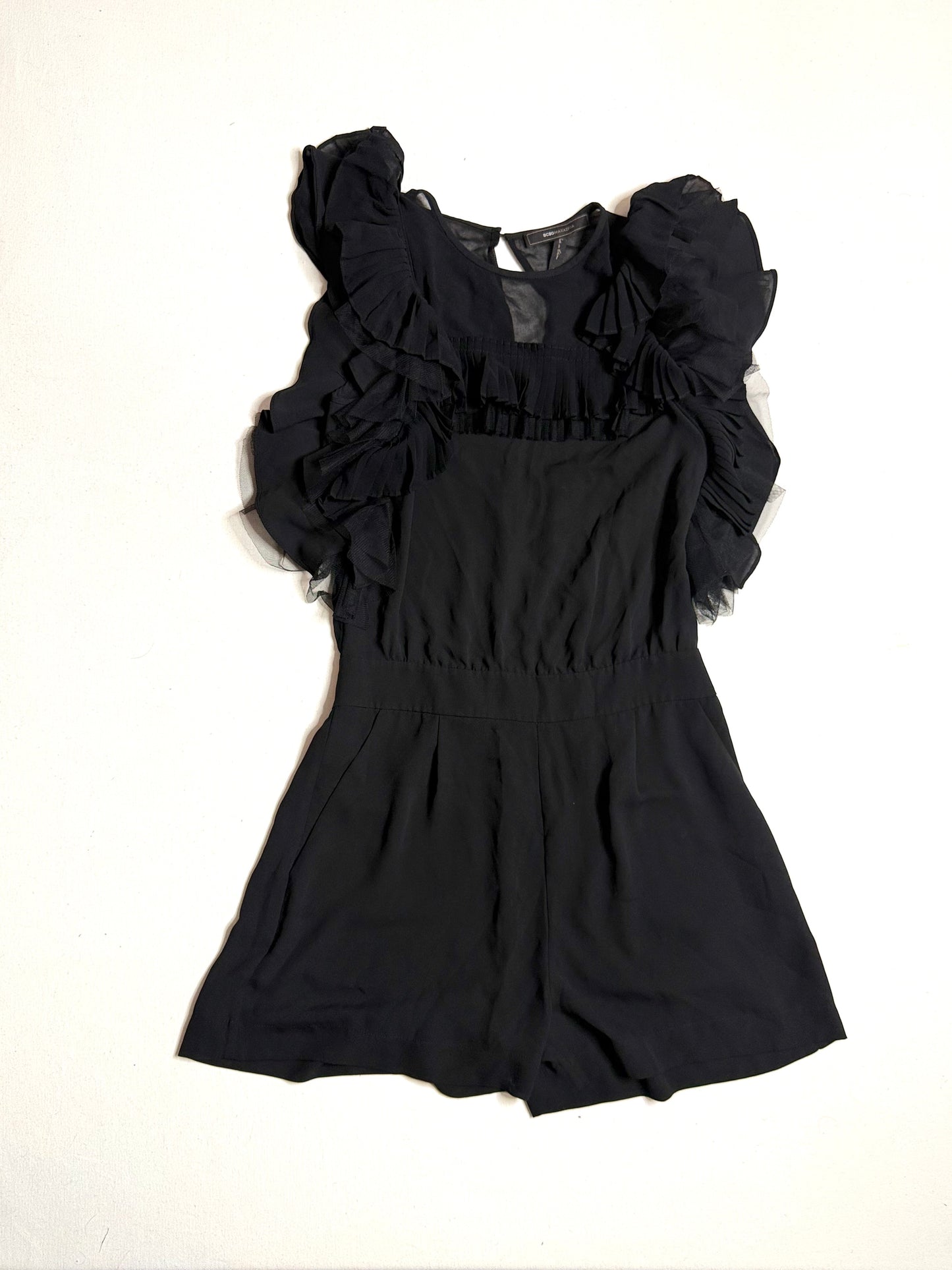 BCBGMaxAzria Black Ruffled Chiffon Open Back Shorts Romper Size 2