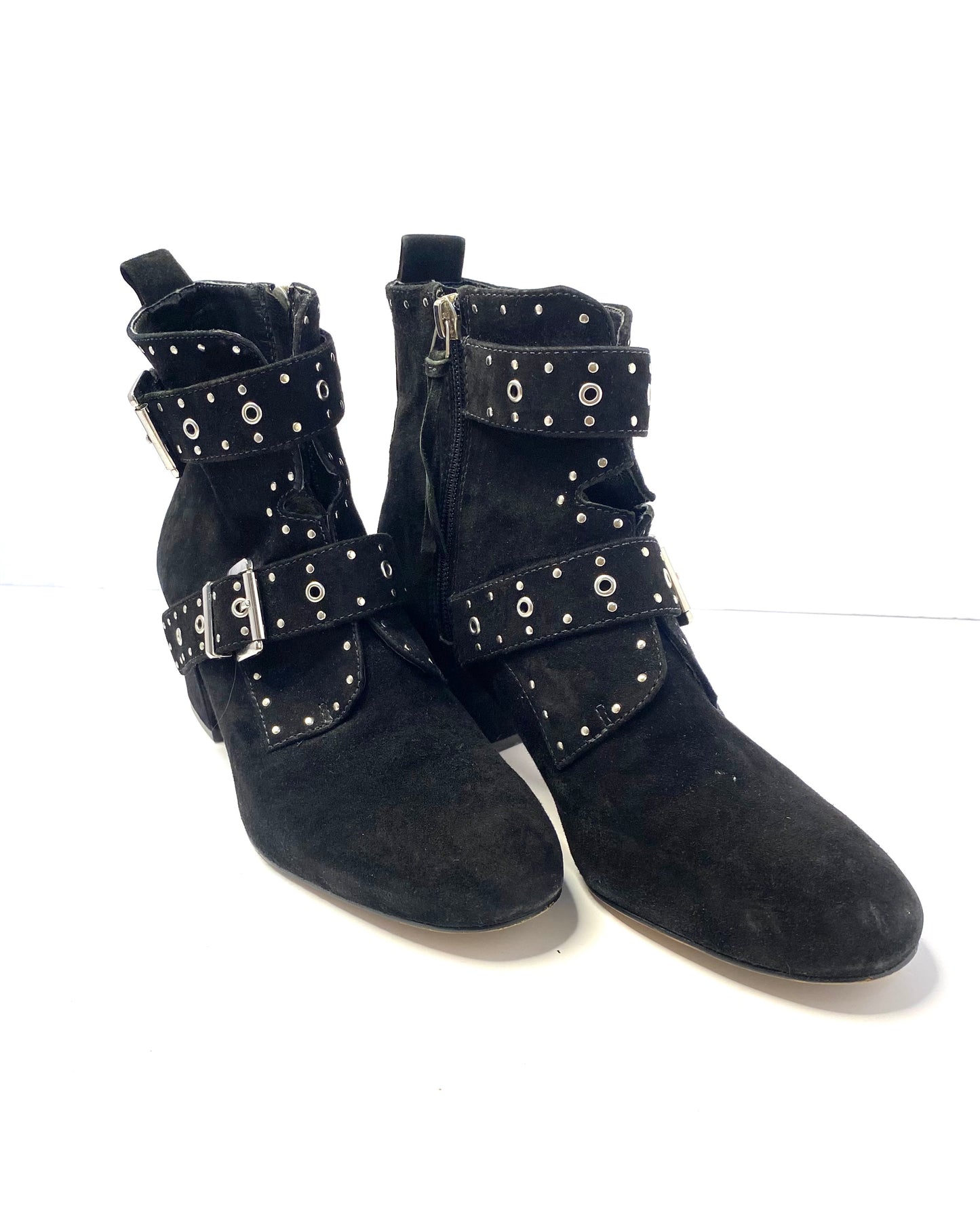 R ebecca Minkoff Black Suede Ankle Boots – Size 8.5 – Silver Buckles