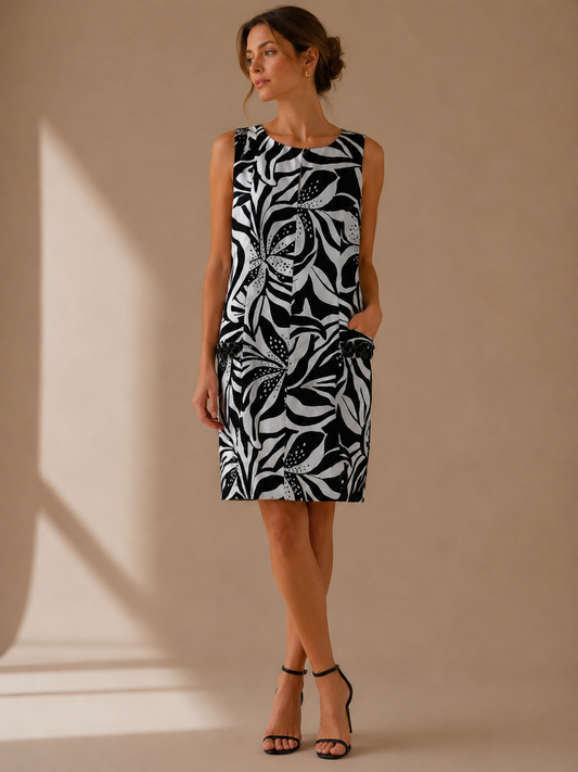 Lilly Pulitzer Black White Tropical Print Sleeveless Shift Dress w/Beaded Pocket Size 6