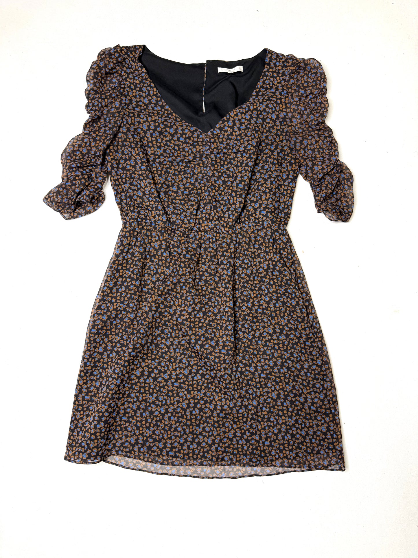 Eliot 100% Silk Brown Blue Leopard Print Puff Sleeve Ruched Mini Dress Size 2