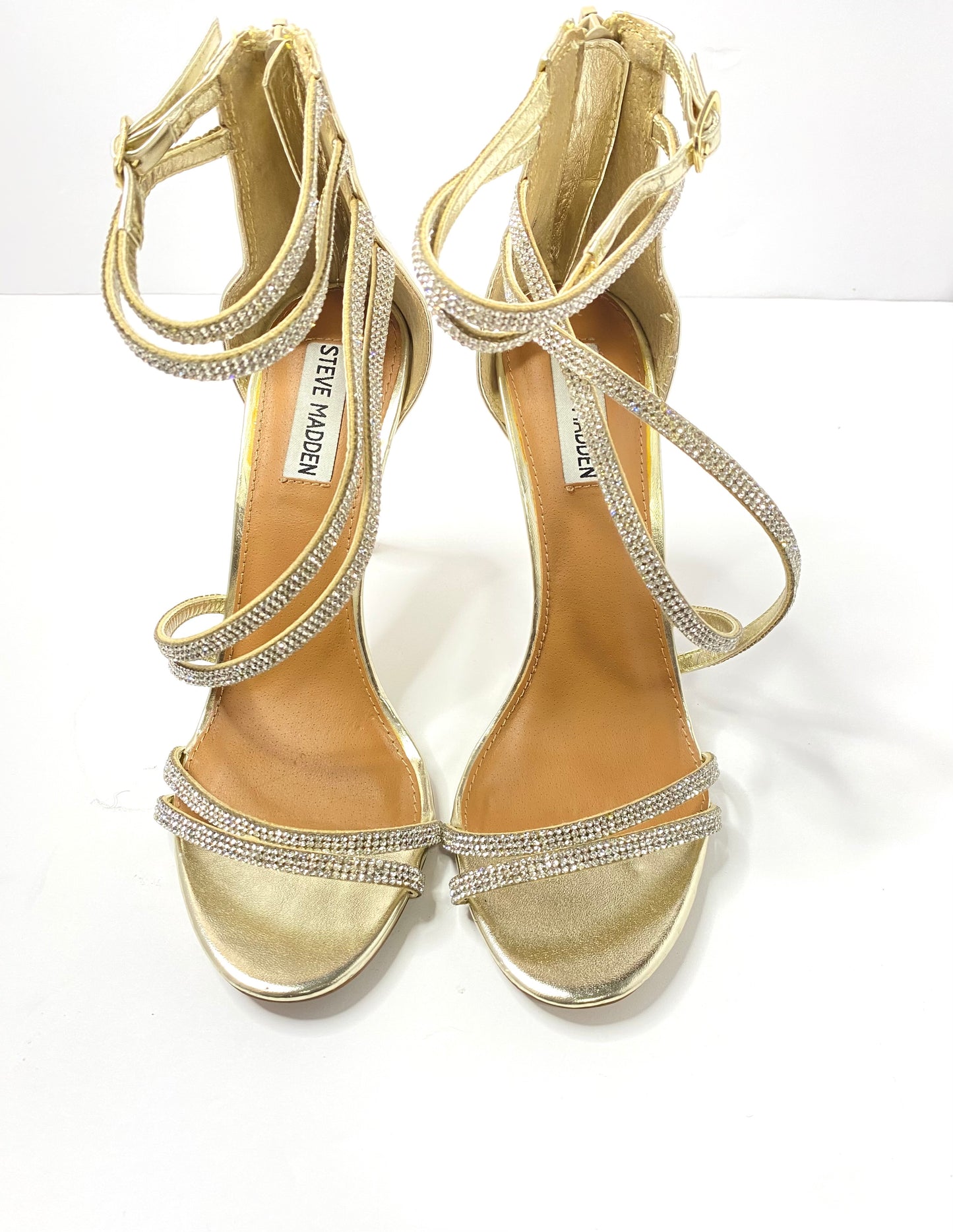 Steve Madden Gold Rhinestone Embellished Stiletto Heels – Size 8 – Open Toe – 4” Heel