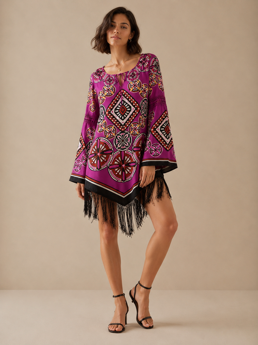 Anthropologie Chelsea & Violet Purple and Multicolor Tunic Dress w/ Fringe Sz M