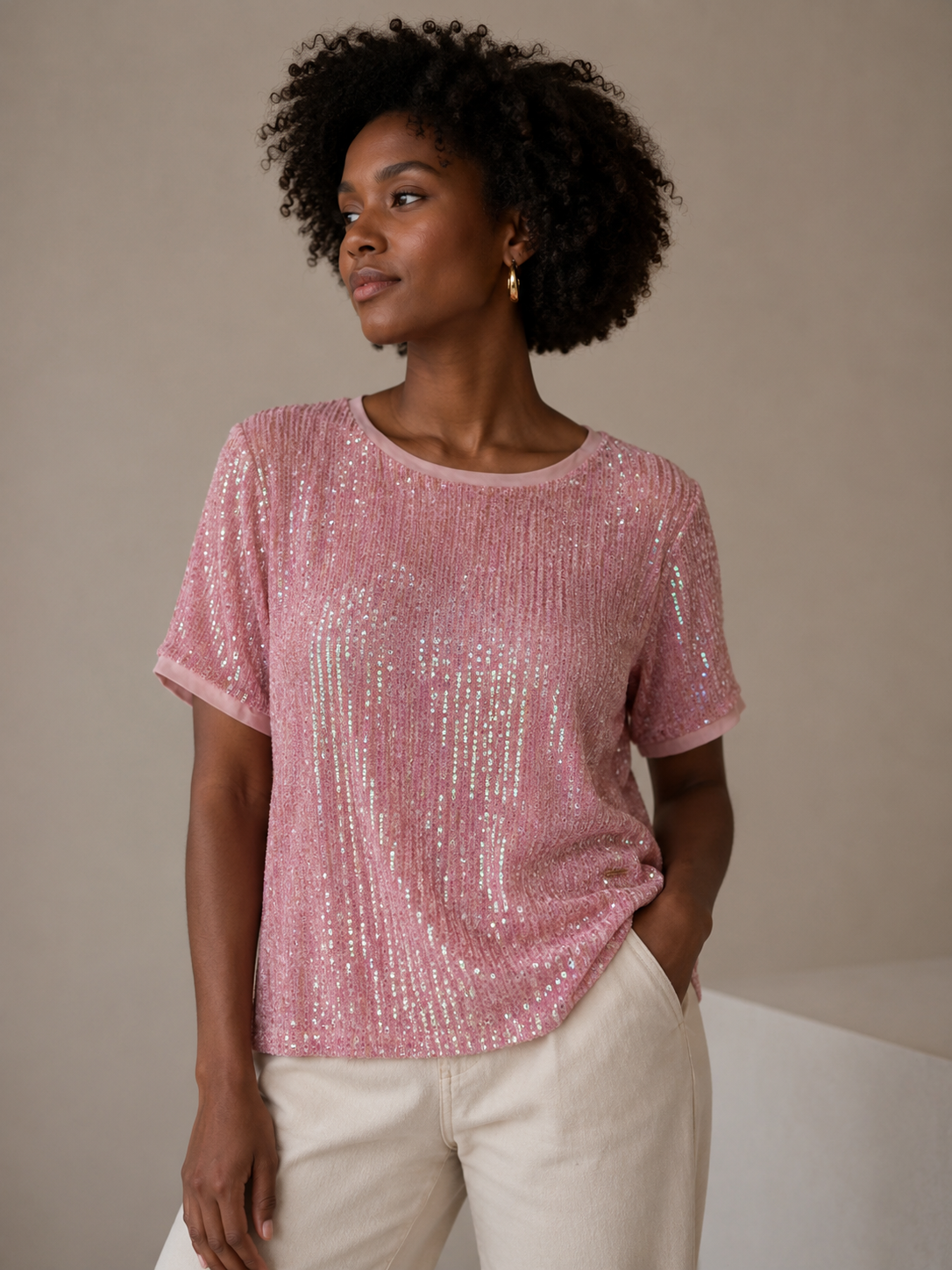Anne Klein Y2K Pink Sequin Short Sleeve Sheer Mesh Tee Size Medium