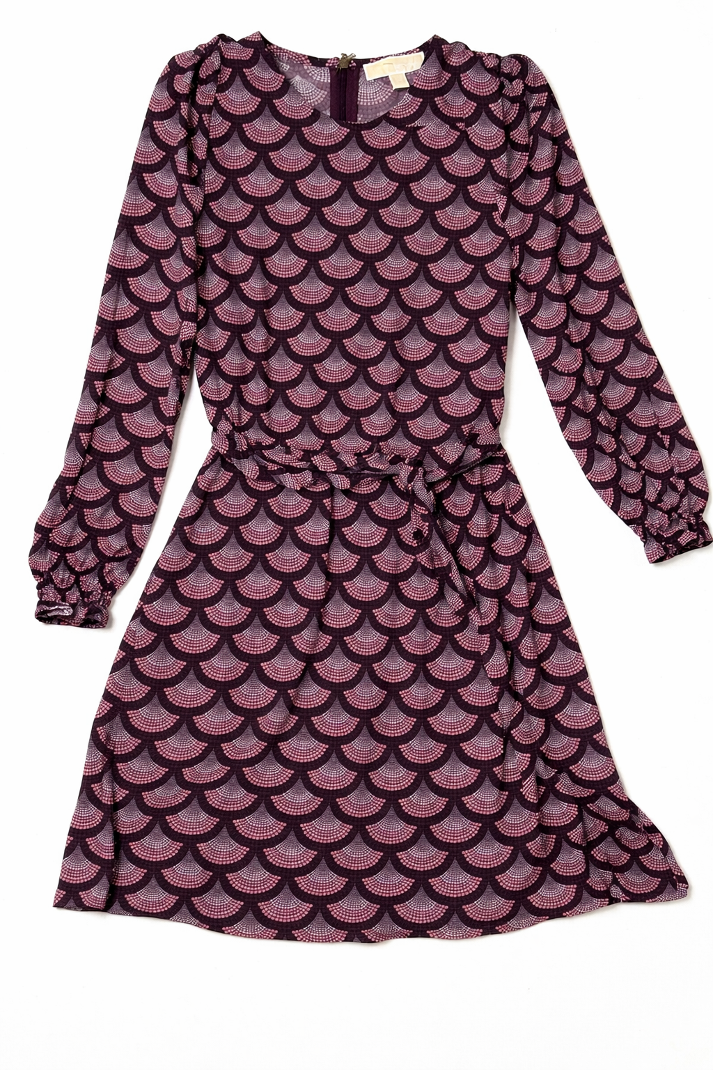 Michael Kors Petite Medium Wrap Dress Burgundy Pink Geometric Long Sleeve Ruffle