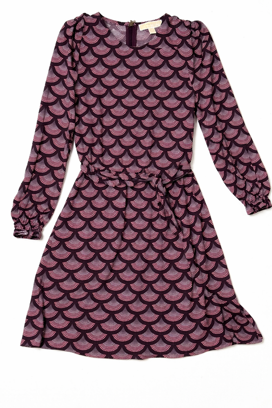 Michael Kors Petite Medium Wrap Dress Burgundy Pink Geometric Long Sleeve Ruffle