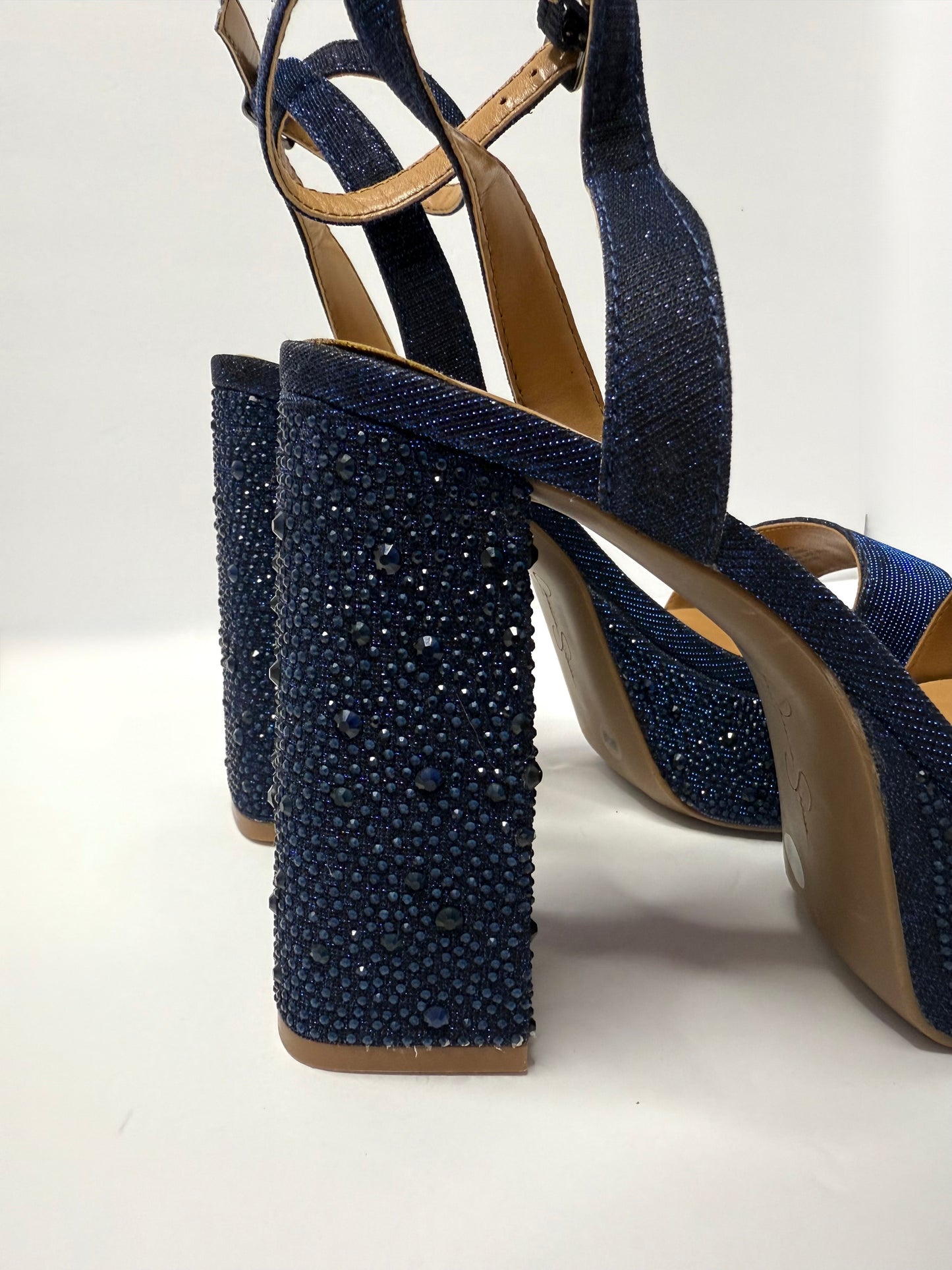 Jessica Simpson Metallic Blue Platform Sandals – Rhinestone Ankle Strap, Chunky Heel, Size 8, NWT