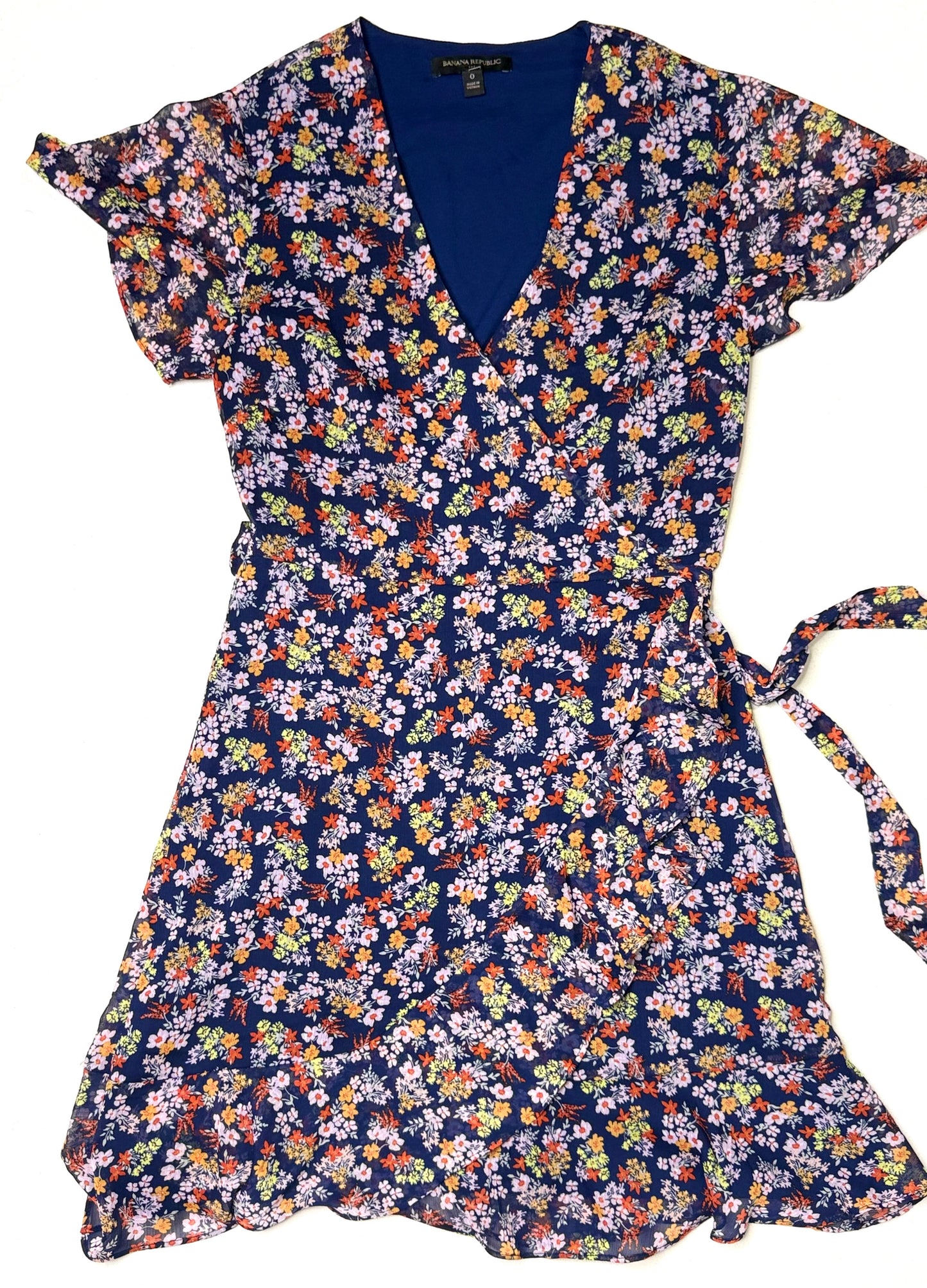 Banana Republic Navy Floral Wrap Dress with Ruffle Hem Size 0