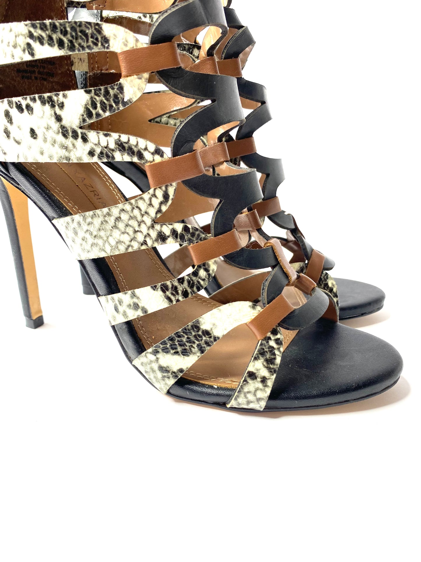 BCBG Snake Print Cage Leather Heels – Size 7.5 – 4” Cut-Out Stiletto Sandals
