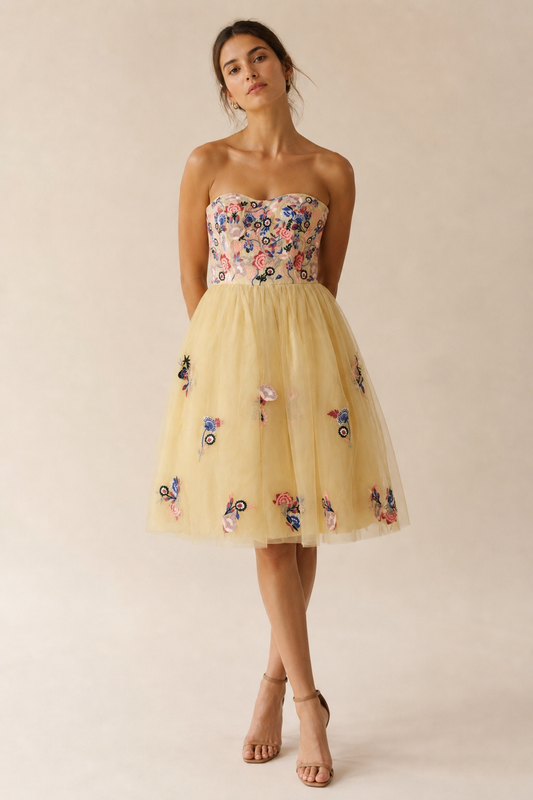 Anthropologie Geode Strapless Floral Corset Lace up Embroidered Tulle Dress Sz S