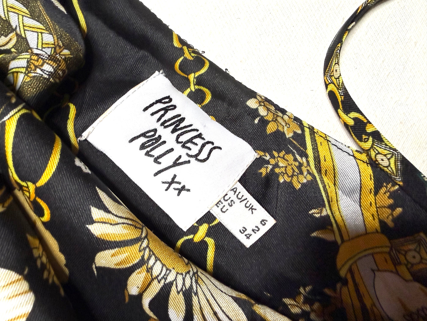 Princess Polly Black Gold Chain Floral Satin Mini Slip Dress  Y2K Baroque Party Size 2