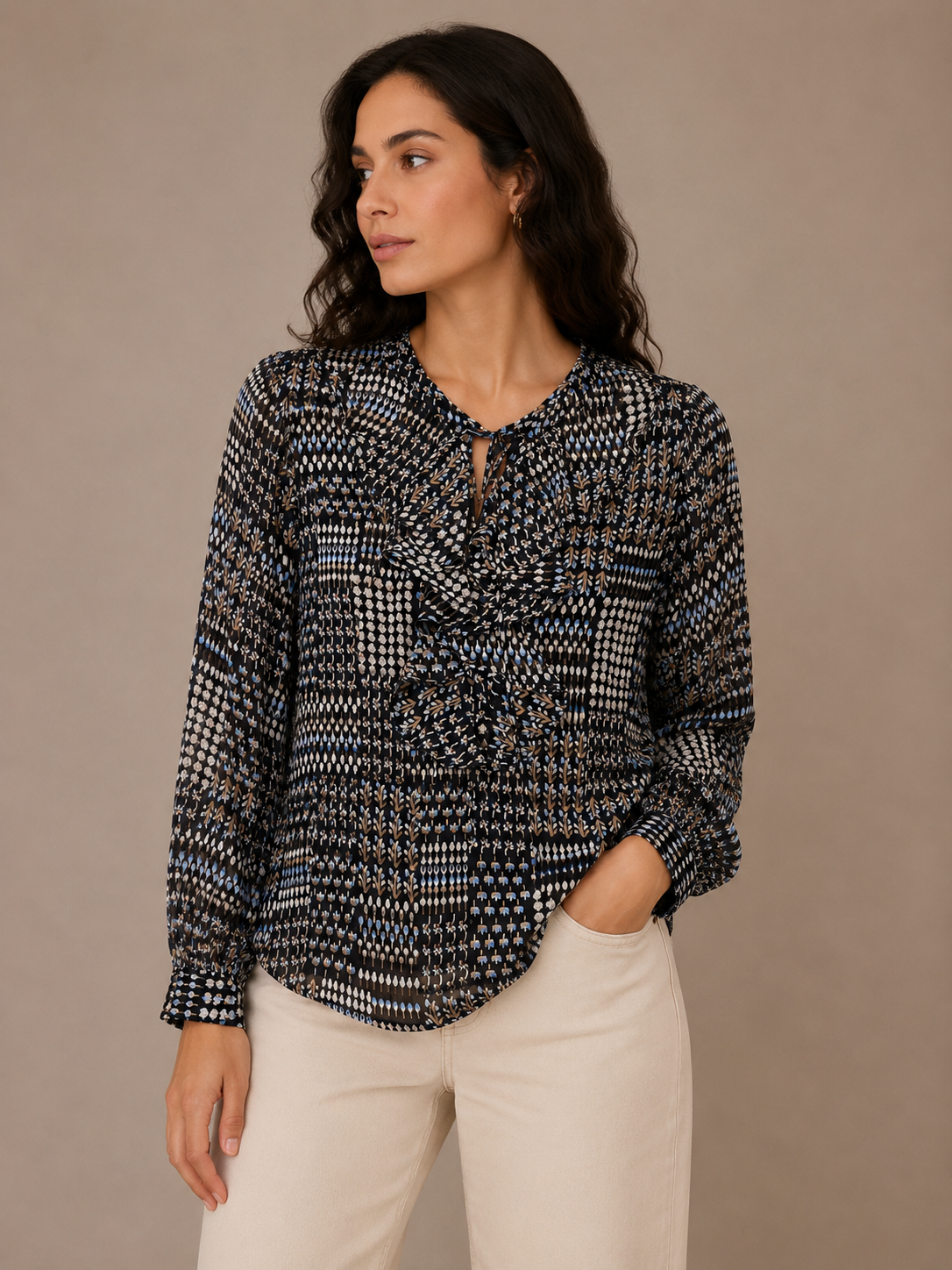 Tommy Hilfiger Sheer Print Ruffle Tie Neck Long Sleeve Blouse Size Large