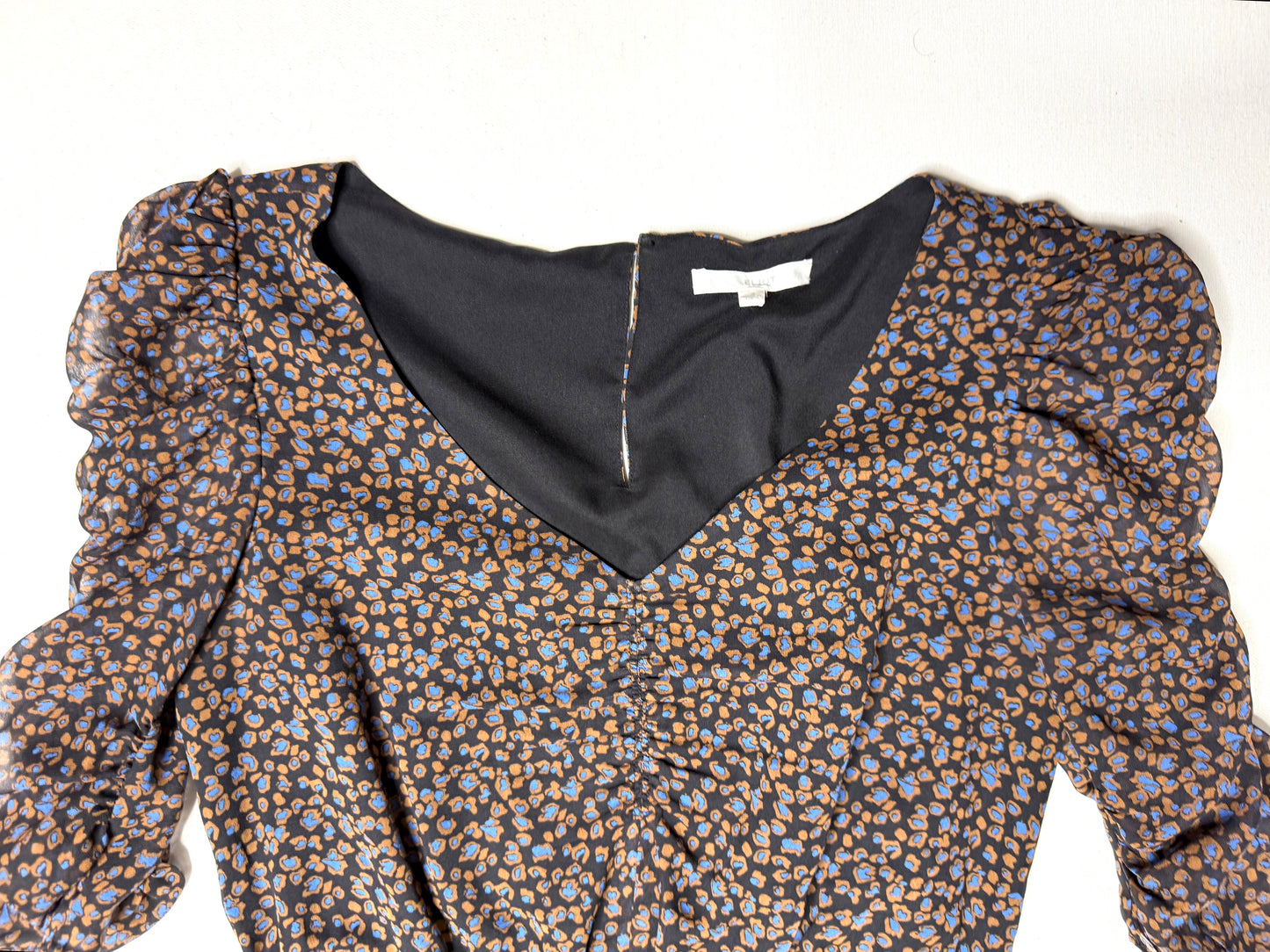 Eliot 100% Silk Brown Blue Leopard Print Puff Sleeve Ruched Mini Dress Size 2