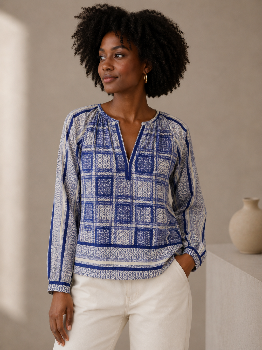 Coster Copenhagen Blue and White Boho Print Long Sleeve Peasant Blouse Size L
