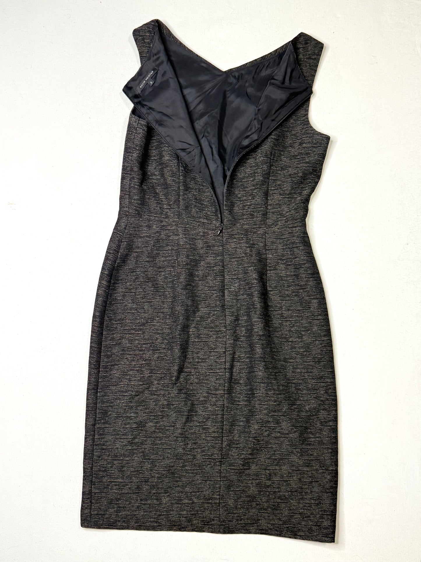 David Meister Metallic Sheath Dress Size 8 Black Gold Sleeveless Cocktail Evening Career Dress