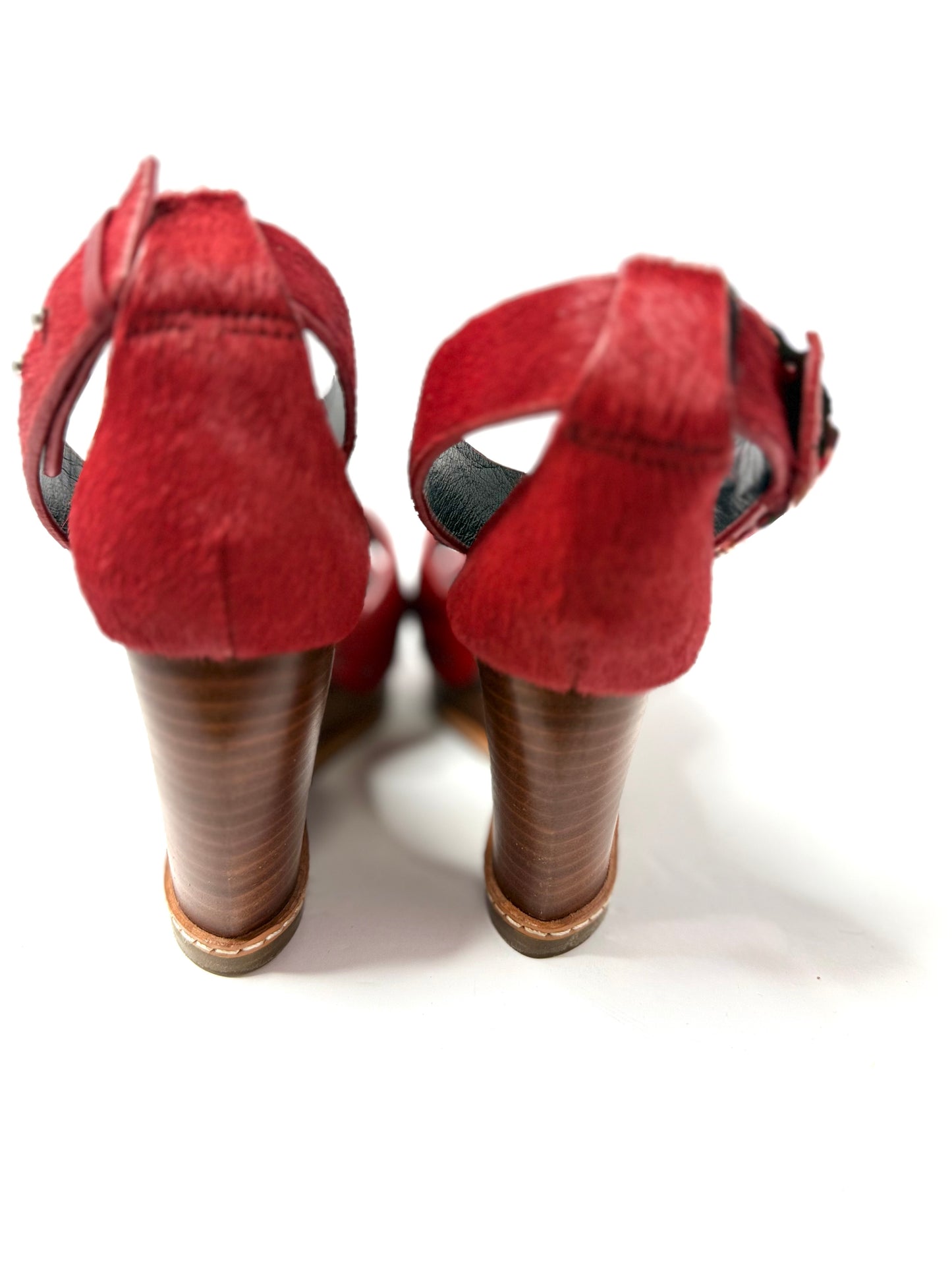 Derek Lam Red Calf Hair Platform Wedge Heels Sandals Size 5.5