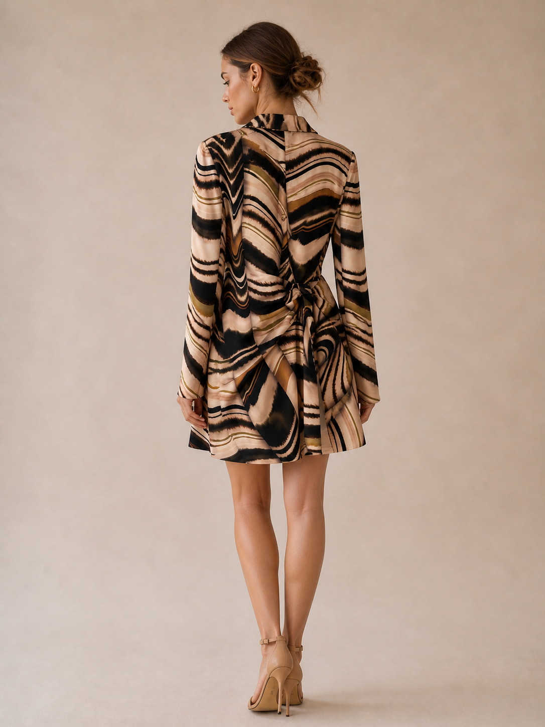 Zara Multicolor Black & Brown Swirl Faux-Wrap Abstract Mini Dress Size Medium
