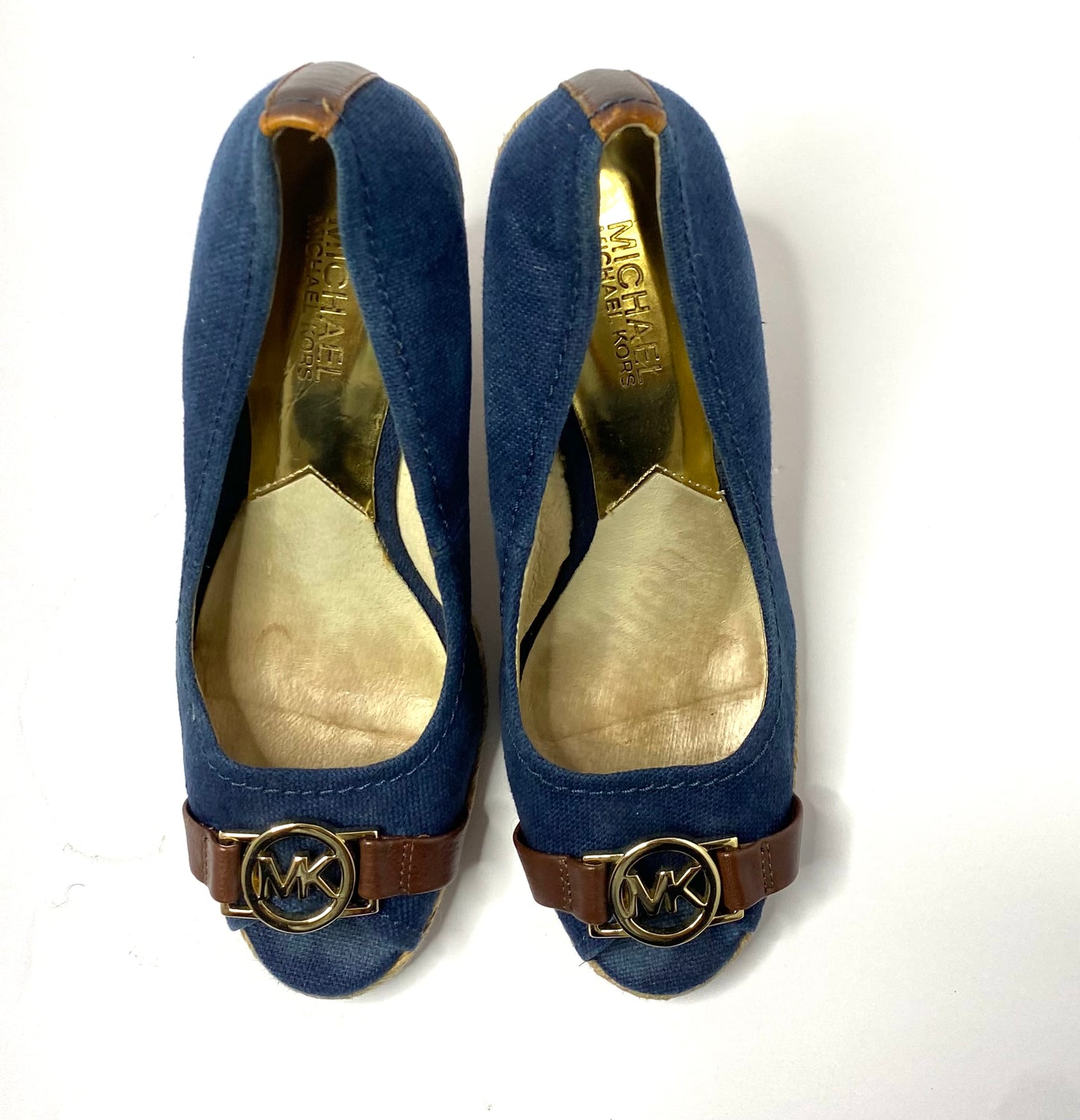Michael Kors Denim Open Toe Wedge Pumps – Size 7.5 – Jute Heel – Brown Leather Trim – MK Logo