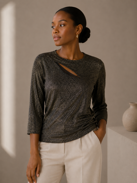 DKNY Y2K Metallic Gold Shimmer Cutout Top with Long Sleeves Size Small