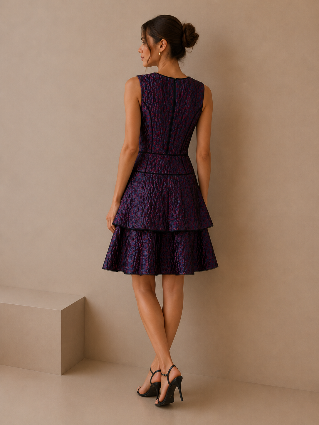 BCBGMAXAZRIA Metallic Jacquard Tiered Fit & Flare Dress Size 4 Purple