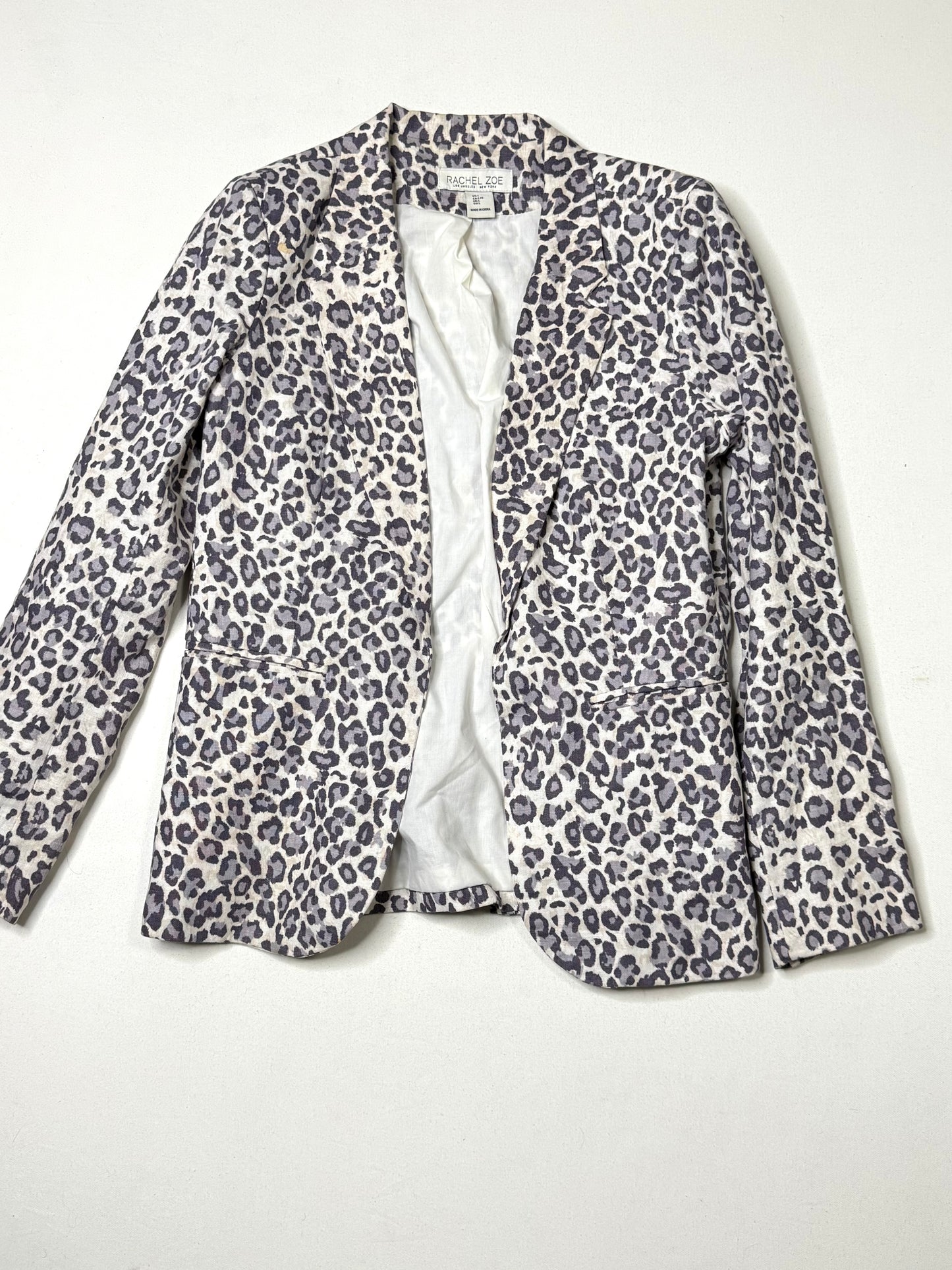 Rachel Zoe Leopard Print Blazer Jacket Women’s Size Large Linen Cotton Tailored Animal Print Designer Blazer