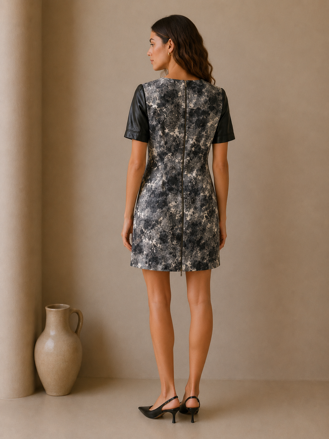 Cut25 by Yigal Azrouël Faux Leather Sleeve Bodycon Dress XS Gray Abstract Print Mini Dress