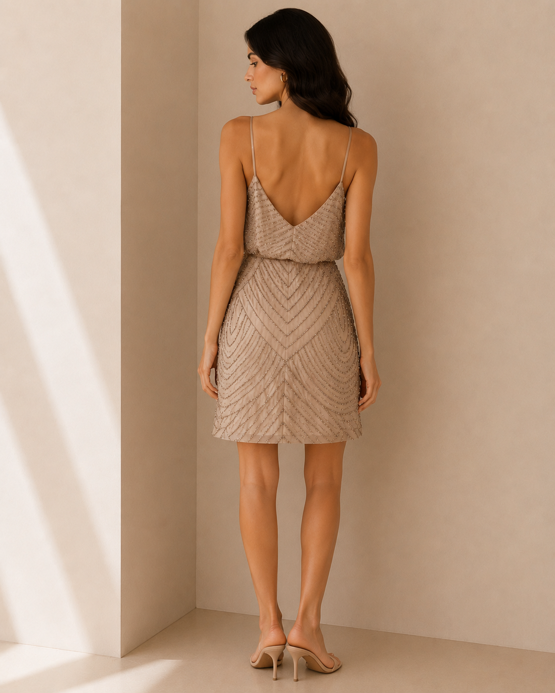 Adrianna Papell Beaded Sophia Cocktail Dress Size 6 Champagne Flapper Style