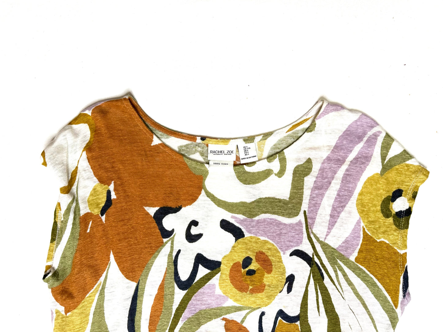 Rachel Zoe Multicolor Floral 100% Linen Blouse Cap Sleeve Size Large