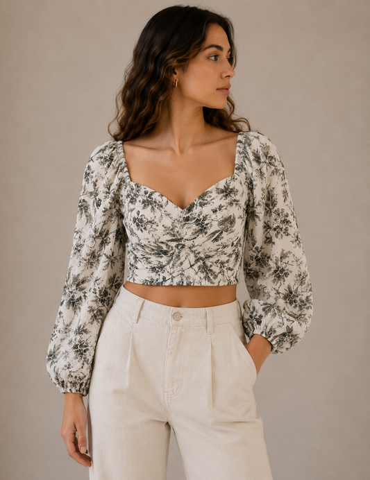Express Floral Puff Sleeve Crop Top in Cream & Olive Green Puff Sleeve Top Sz S