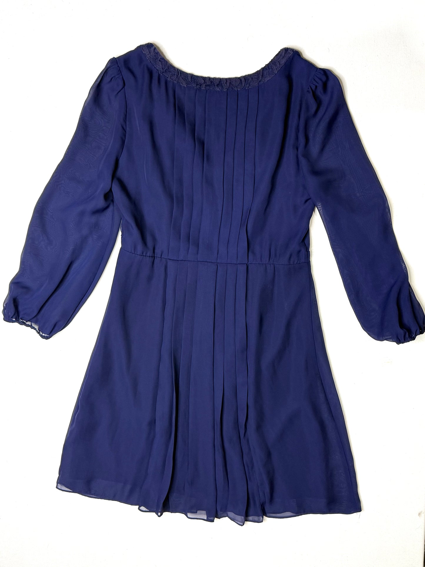 Jessica Simpson Blue Chiffon Lace Trim Mini Dress Pleated Long Sleeve Boho Sizer 8