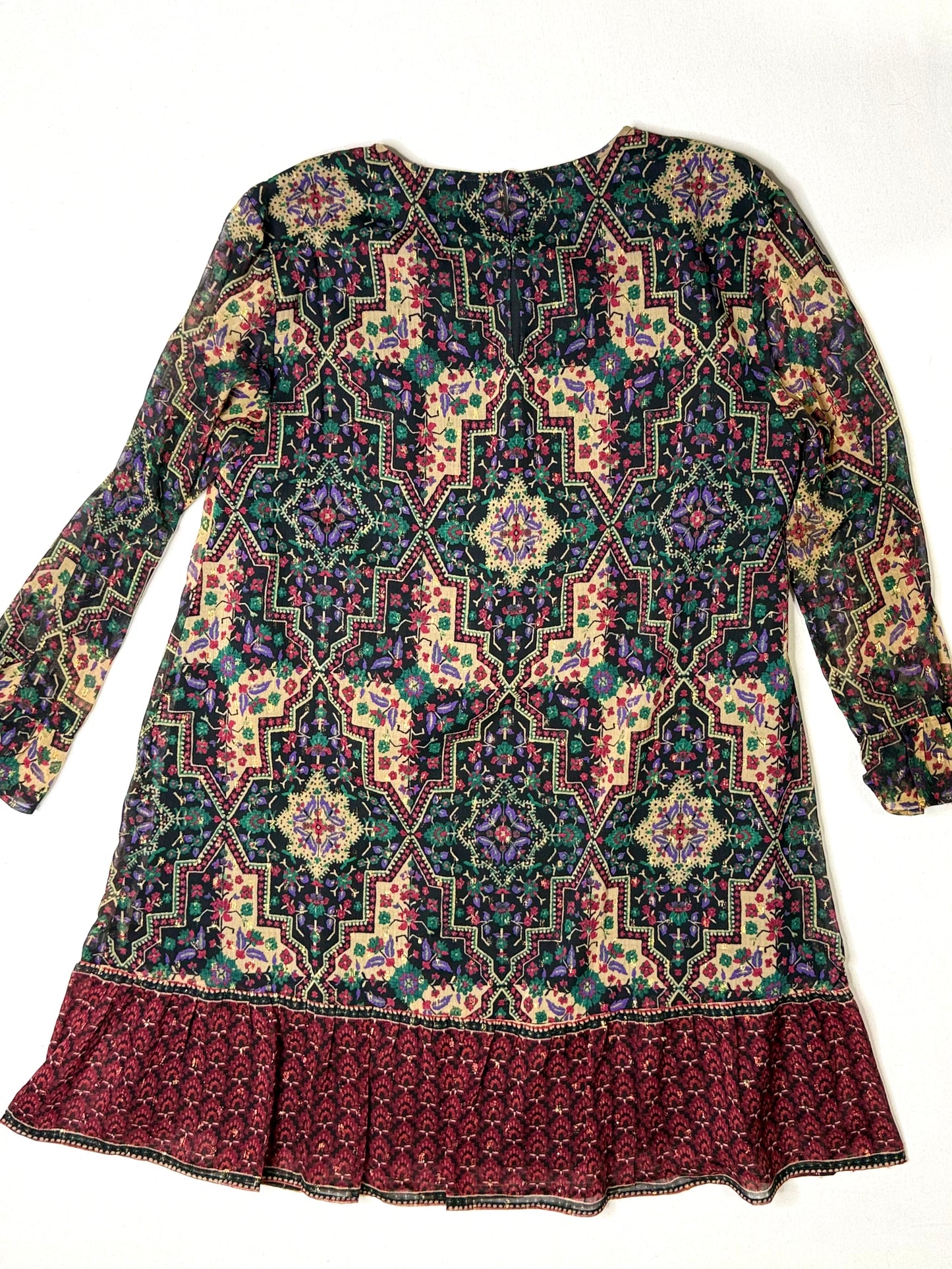 LOFT Boho Floral Geometric Print Drop Waist Dress Ruffle Hem Long Sleeve Size M