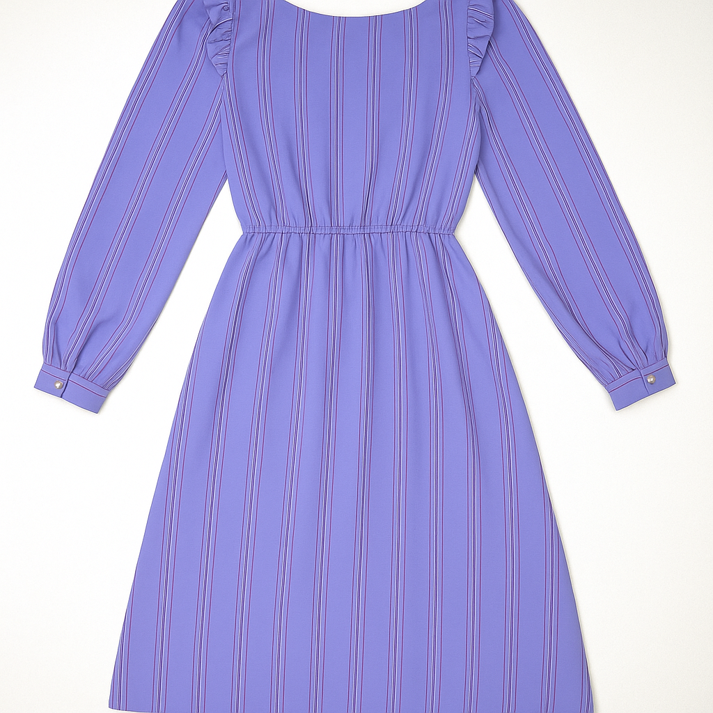 Vintage Charlee Allison Lavender Striped Ruffle Midi Dress – Size 7/8 – Long Sleeve Retro 70s Style